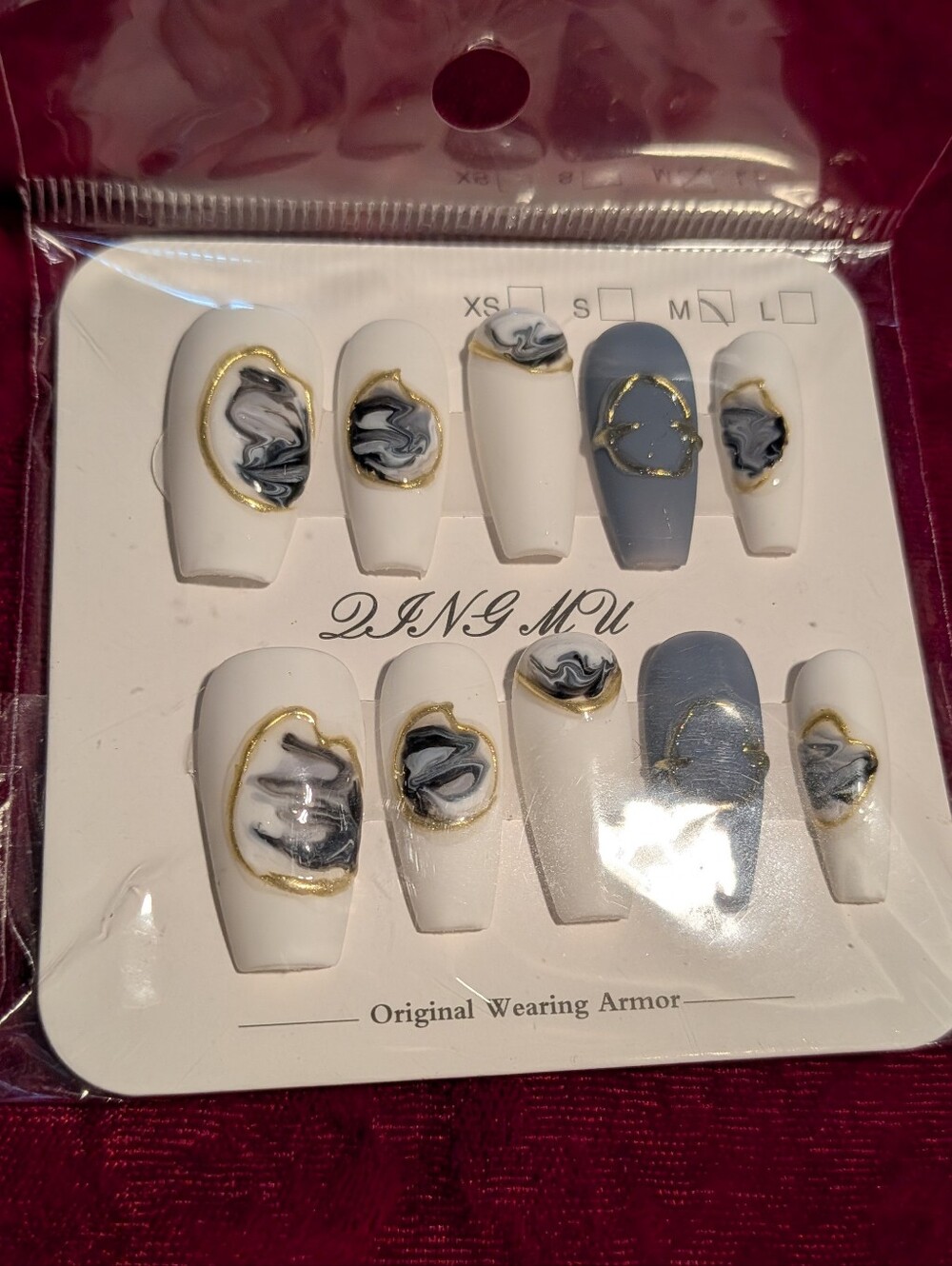 White & Blue Marble Press-On Nail Set with Gold Accents Size M